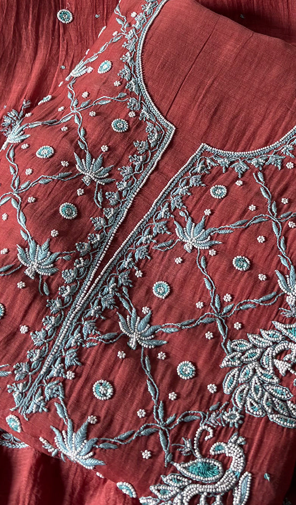 Shirin Women's Lakhnavi Handcrafted Mul Chanderi Unstitched Chikankari Full Suit Material - HONC0339570