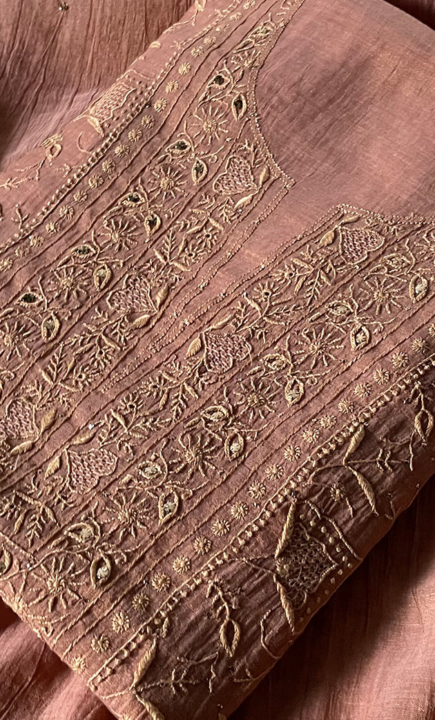 Women's Lakhnavi Handcrafted Tissue Chanderi Unstitched Kurta And Dupatta Set - HONC0270057