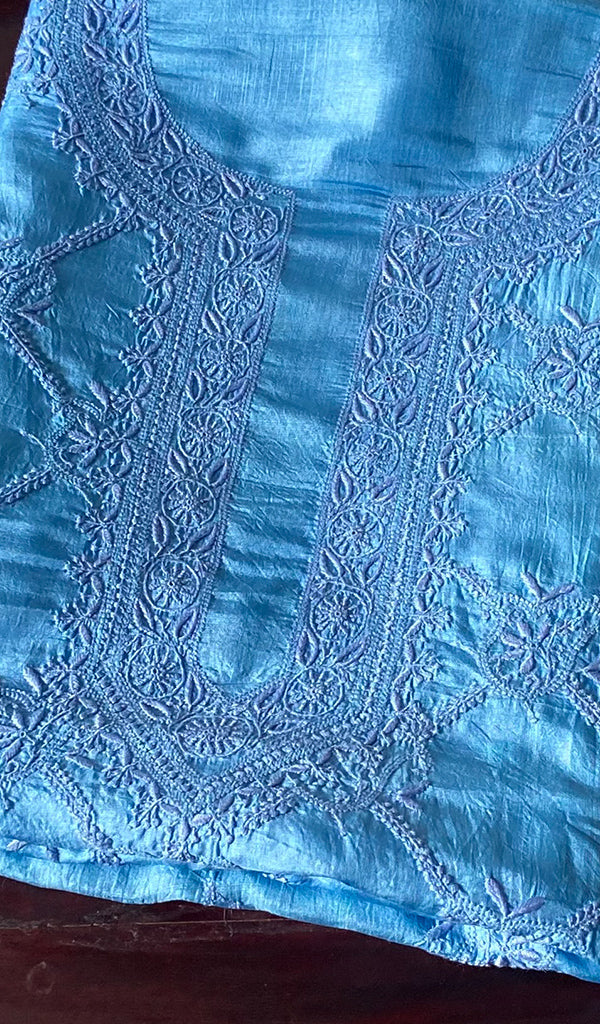 Women's Lakhnavi Handcrafted Tussar Silk Chikankari Unstitched Kurti Fabric - HONC0368882