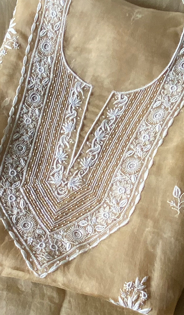 Women's Lakhnavi Handcrafted Pure Organza Chikankari Unstitched Kurta And Dupatta Set- HONC0368257