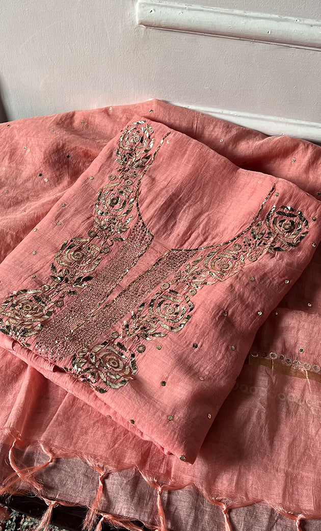 Women's Lakhnavi Handcrafted Mul Chanderi Unstitched Chikankari Full Suit Material - HONC0320777