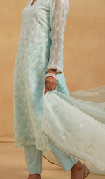 将图像加载到图库查看器中， Women's Lucknowi Handcrafted Pure Organza Silk Stitched Chikankari Kurta, Dupatta With Pant Set- HONC0543190