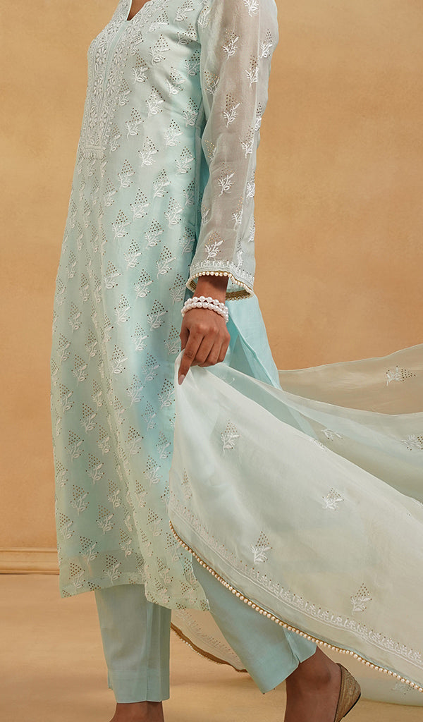 Women's Lucknowi Handcrafted Pure Organza Silk Stitched Chikankari Kurta, Dupatta With Pant Set- HONC0543190