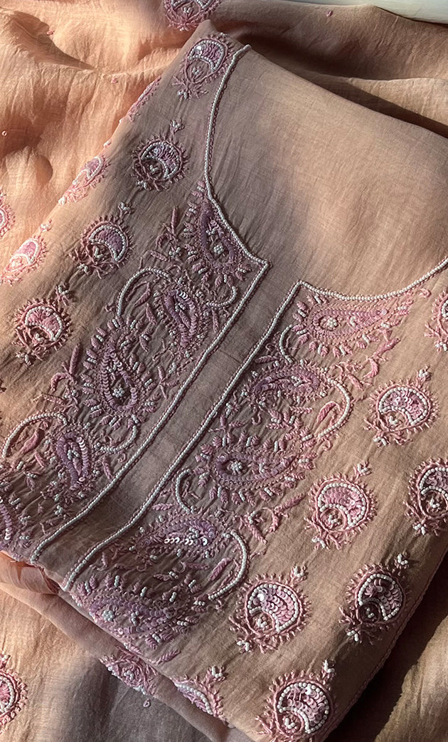Women's Lakhnavi Handcrafted Mul Chanderi UnStitched Kurta And Dupatta Set - HONC0302252
