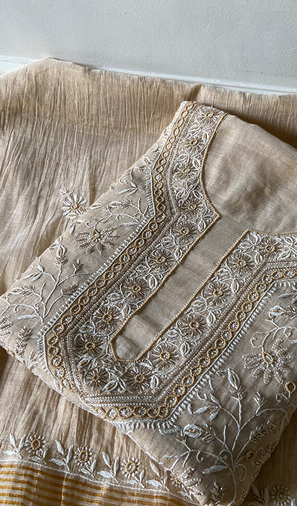 Women's Lakhnavi Handcrafted Tissue Chanderi Chikankari Unstitched Kurta Dupatta Set - HONC0352167