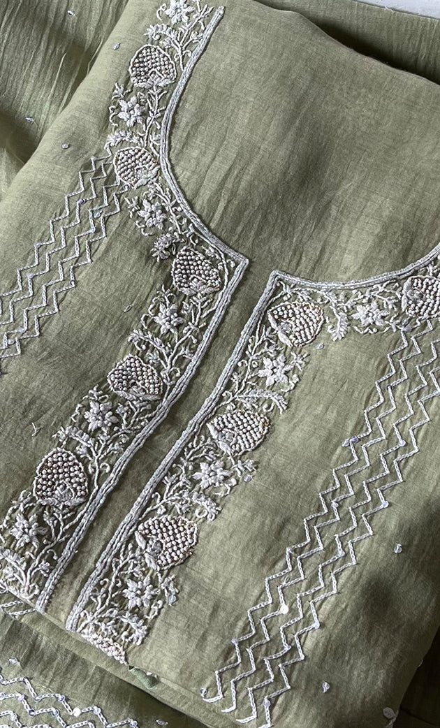 Women's Lakhnavi Handcrafted Mul Chanderi Unstitched Kurta And Dupatta Set - HONC0301227