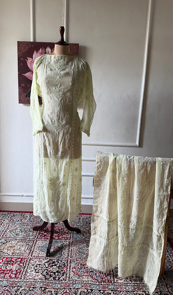Women's Lakhnavi Handcrafted Mul Chanderi Semi - Stitchd Kurta And Dupatta Set - HONC0344313