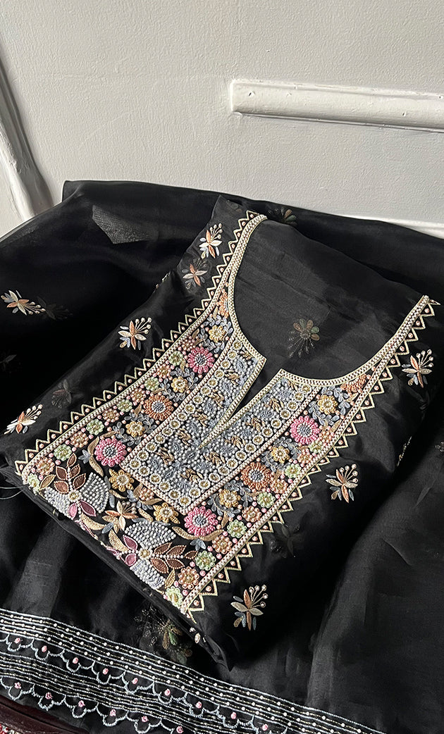 Women's Lakhnavi Handcrafted Pure Organza Chikankari Unstitched Kurta And Dupatta Set- HONC0335375