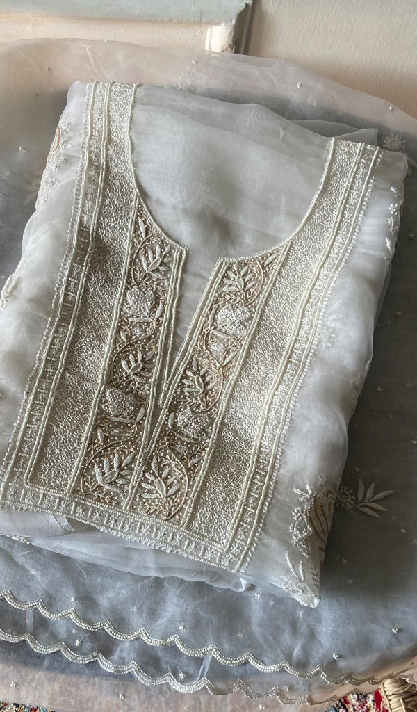 Women's Lakhnavi Handcrafted Pure Organza Chikankari Unstitched Kurta And Dupatta Set- HONC0348020