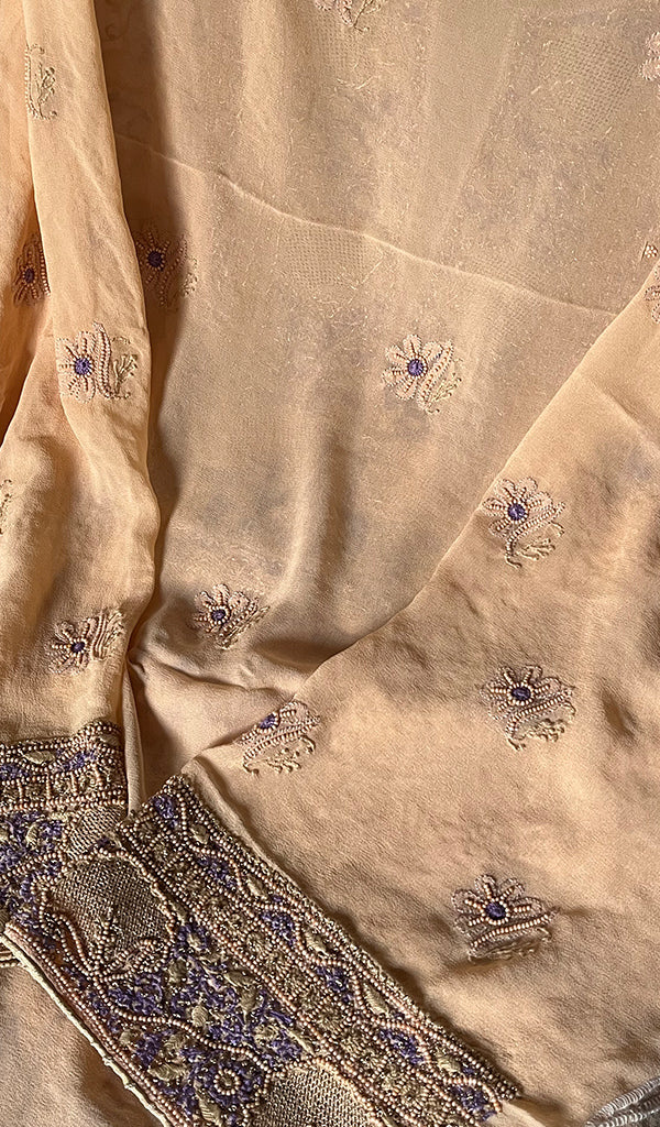 Women's Lakhnavi Handcrafted Pure Silk Georgette Chikankari Semi-Stiched Kurta And Dupatta Set - HONC0251685