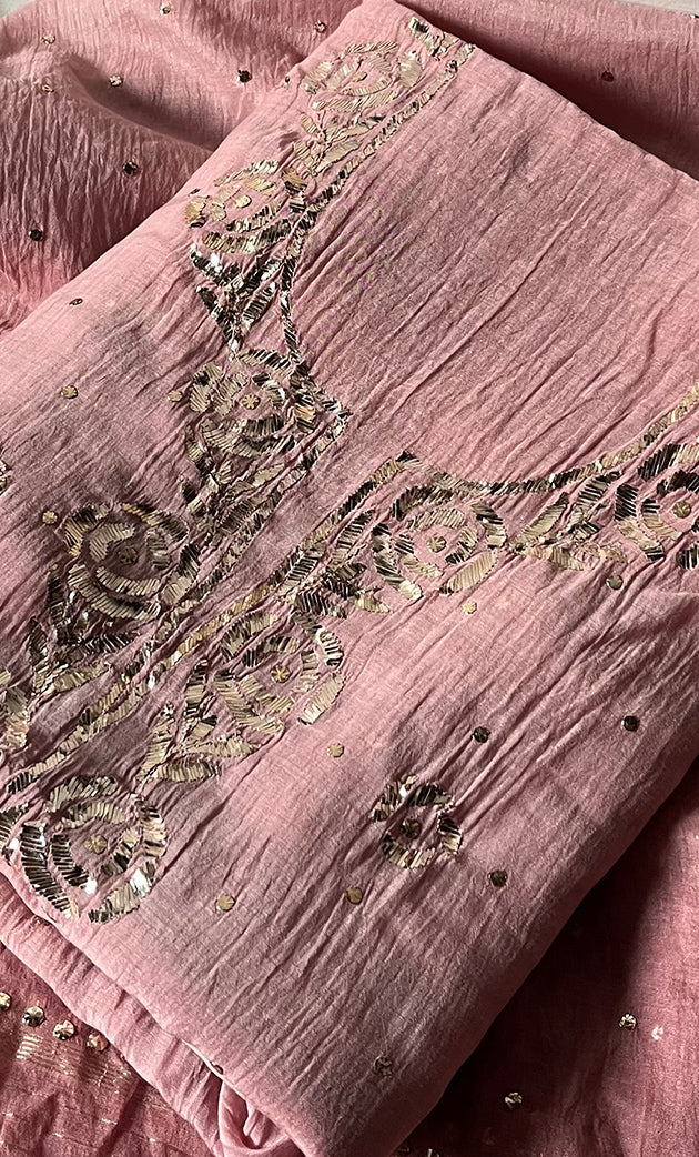 Women's Lakhnavi Handcrafted Mul Chanderi Unstitched Chikankari Full Suit Material - HONC0328517