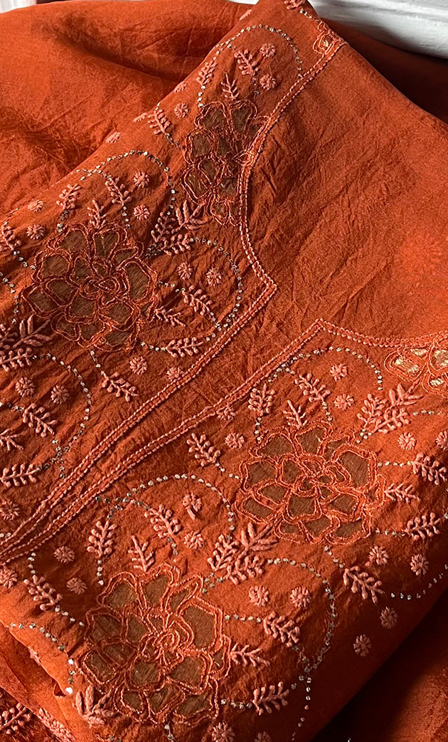Mainaaj Women's Lakhnavi Handcrafted Pure Organza Chikankari Unstitched Kurta And Dupatta Set - HONC0330938