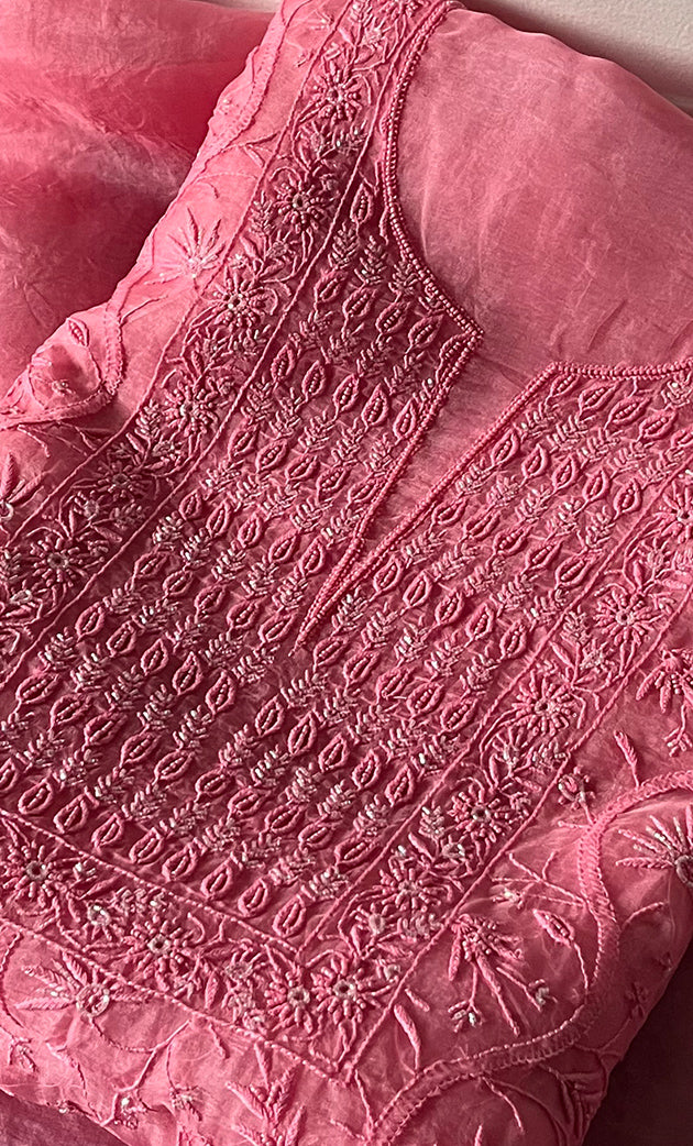 Women's Lakhnavi Handcrafted Pure Organza Chikankari Unstitched Kurta And Dupatta Set- HONC0327848