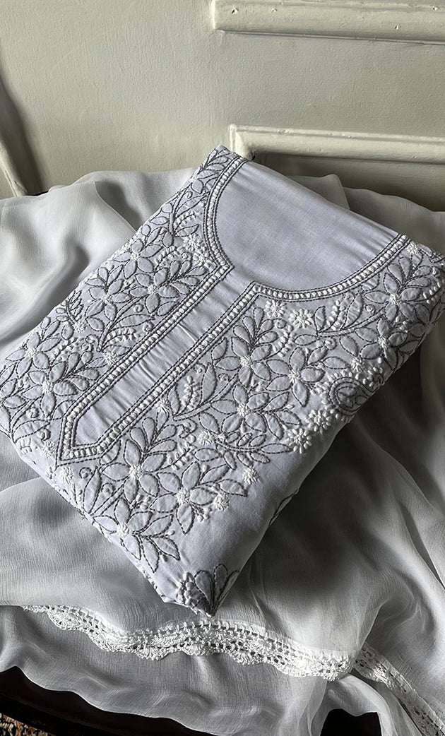 Women's Lakhnavi Handcrafted Unstitched Cotton Chikankari Suit Material - HONC0333970