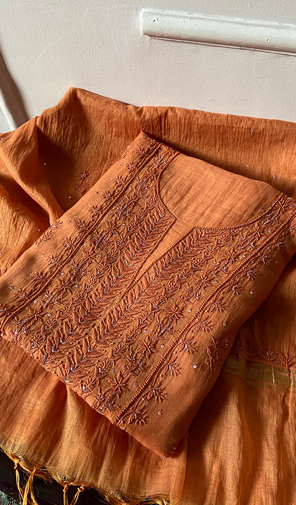 Women's Lakhnavi Handcrafted Mul Chanderi Unstitched Chikankari Full Suit Material - HONC0328109