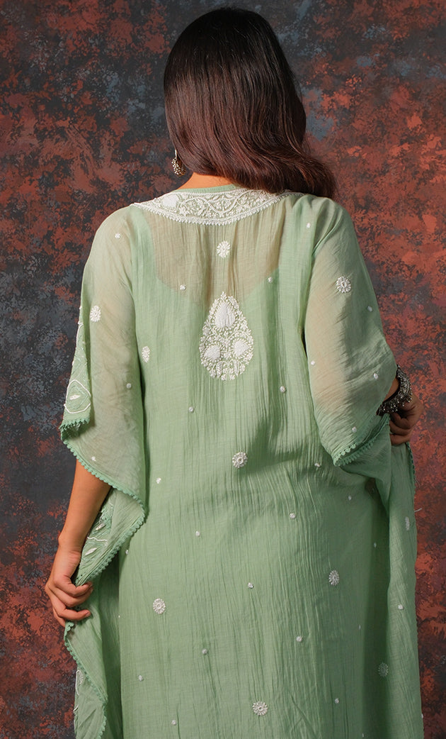 Rabia Women's Lucknowi Handcrafted Mul chanderi Chikankari Kaftan - HONC0313259