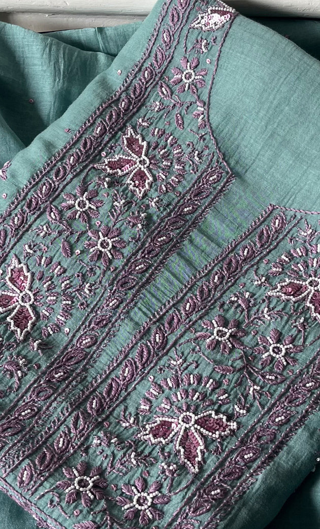 Women's Lakhnavi Handcrafted Mul Chanderi Unstitched Kurta And Dupatta Set - HONC0302233