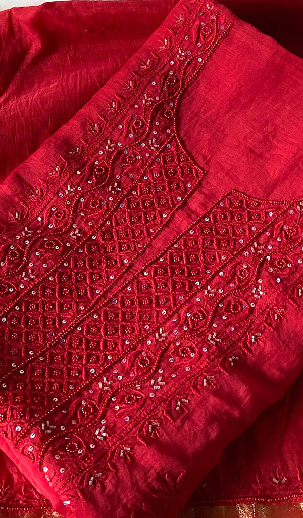 Women's Lakhnavi Handcrafted Mul Chanderi Unstitched Chikankari Full Suit Material - HONC0345013