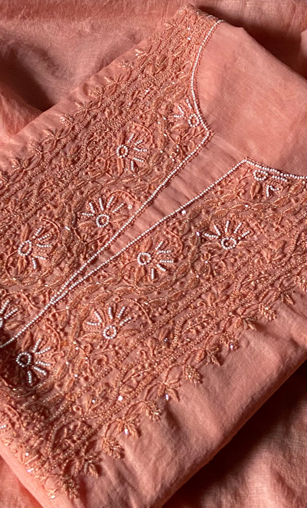 Women's Lakhnavi Handcrafted Mul Chanderi Unstitched Chikankari Full Suit Material - HONC0307155