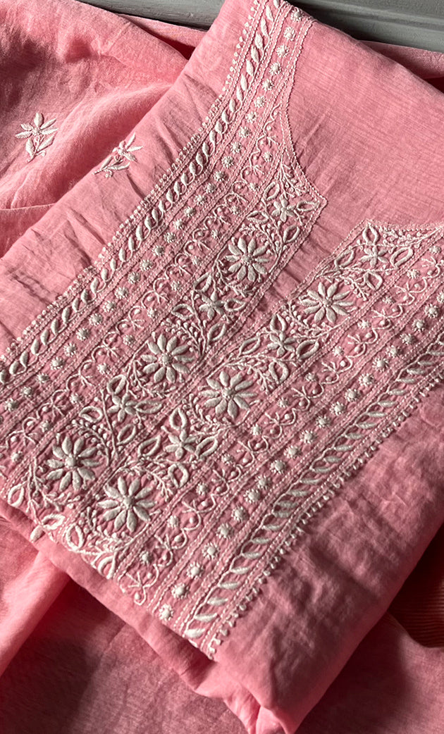 Women's Lakhnavi Handcrafted Mul Chanderi Chikankari Full Suit Material - HONC0307420