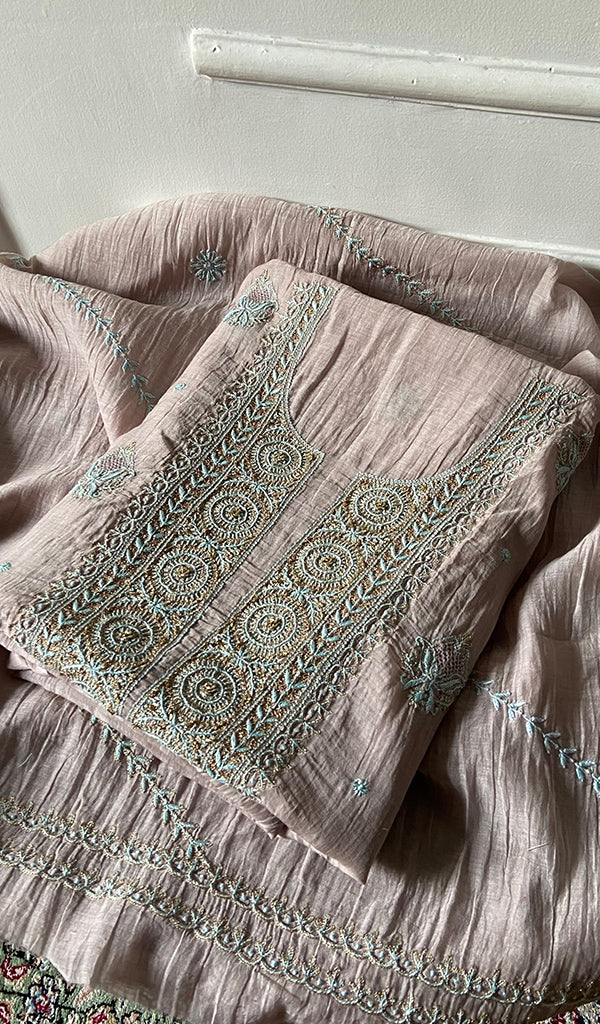 Women's Lakhnavi Handcrafted Mul Chanderi Unstitched Kurta And Dupatta Set - HONC0326140