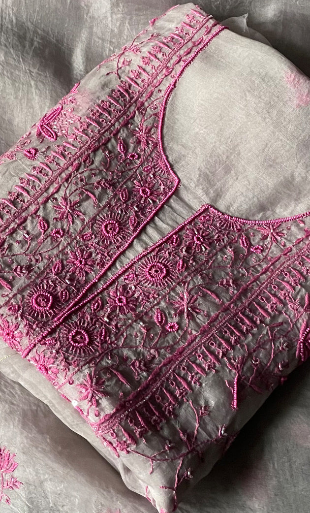 Women's Lakhnavi Handcrafted Pure Organza Chikankari Unstitched Kurta And Dupatta Set- HONC0294919