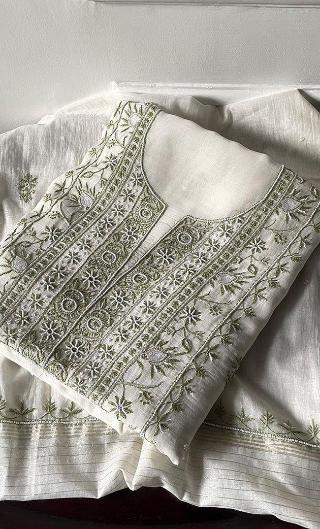 Women's Lakhnavi Handcrafted Unstitched Mul Chanderi Kurta And Dupatta Set - HONC0327487