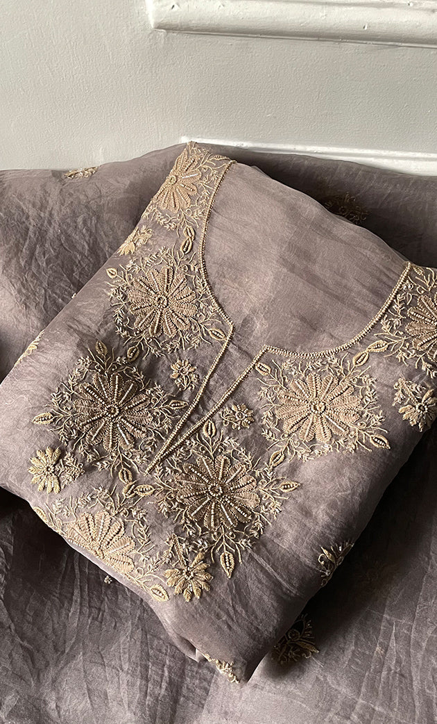 Women's Lakhnavi Handcrafted Pure Organza Chikankari Unstitched Kurta And Dupatta Set- HONC0318665