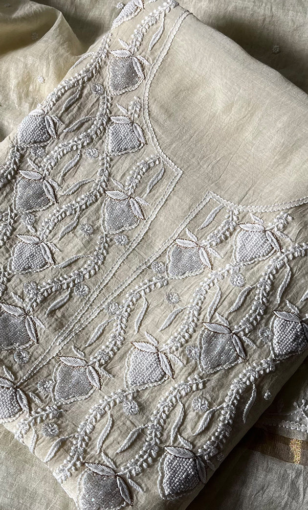 Jazba Women's Lakhnavi Handcrafted Mul Chanderi UnStitched Kurta And Dupatta Set - HONC0301694