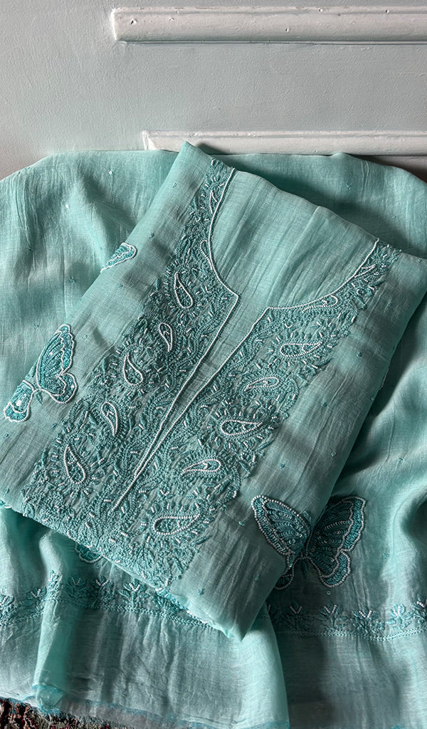 Titlee Women's Lakhnavi Handcrafted Mul Chanderi Unstitched Chikankari Full Suit Material - HONC0339577