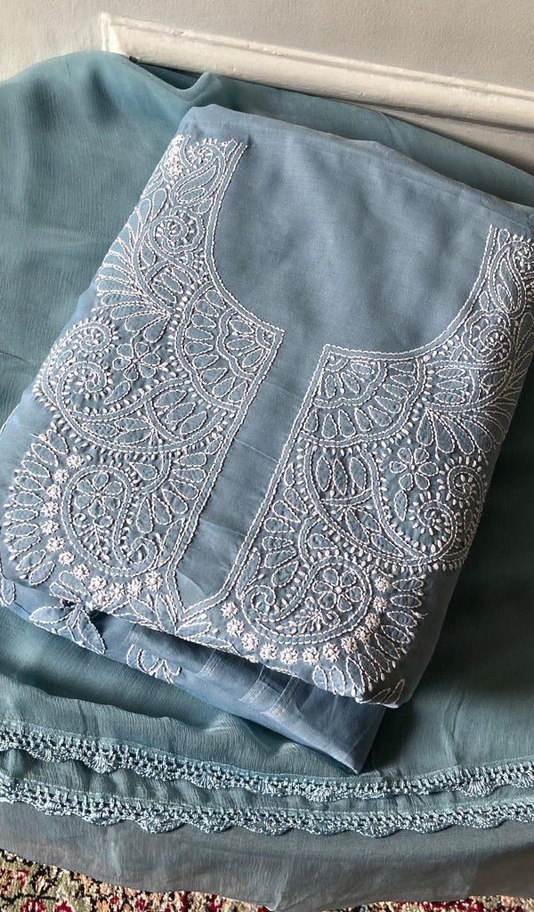 Women's Lakhnavi Handcrafted Cotton Unstitched Chikankari Suit Material - HONC0360797
