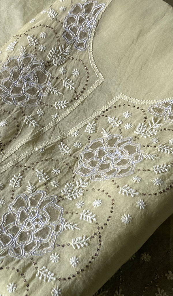 Women's Lakhnavi Handcrafted Pure Organza Chikankari Unstitched Kurta And Dupatta Set- HONC0331155