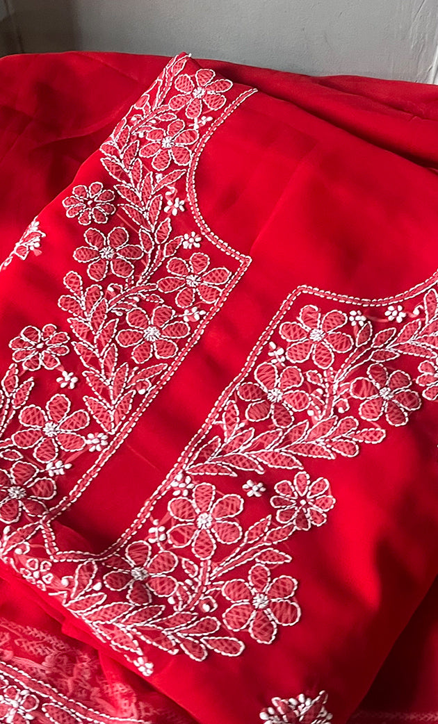Women's Lakhnavi Handcrafted Unstitched Faux-Georgette Chikankari Suit Material - HONC0311924