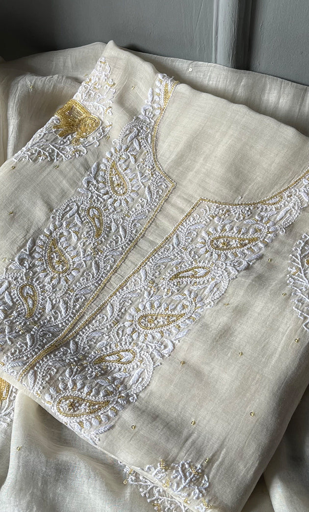 Women's Lakhnavi Handcrafted Mul Chanderi Unstitched Kurta And Dupatta Set - HONC0310889