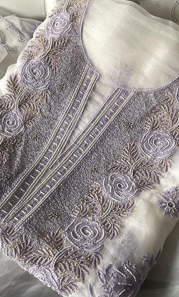 Mehnaj  Women's Lakhnavi Handcrafted Pure Organza Chikankari Unstitched Kurta And Dupatta Set- HONC0316109
