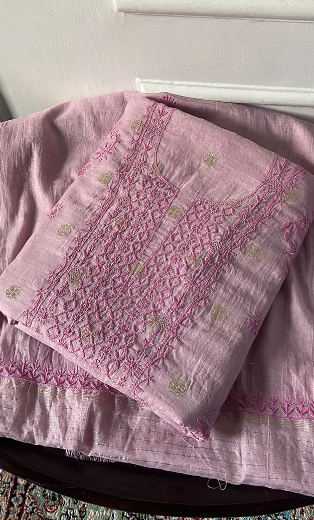 Women's Lakhnavi Handcrafted Mul Chanderi Unstitched Chikankari Full Suit Material - HONC0316859