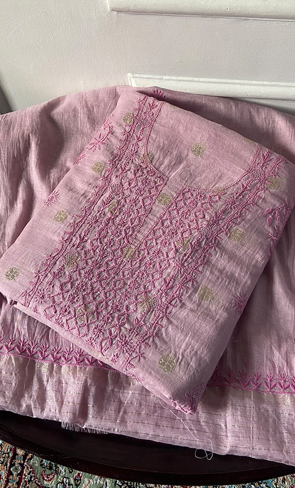 Women's Lakhnavi Handcrafted Mul Chanderi Unstitched Chikankari Full Suit Material - HONC0316859