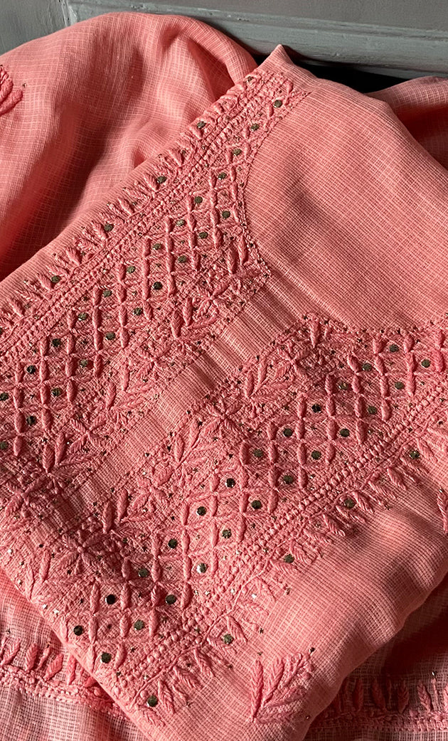 Alishba Women's Lucknowi Handcrafted Kota Cotton Chikankari Unstitched Kurta And Dupatta Set - HONC0307165