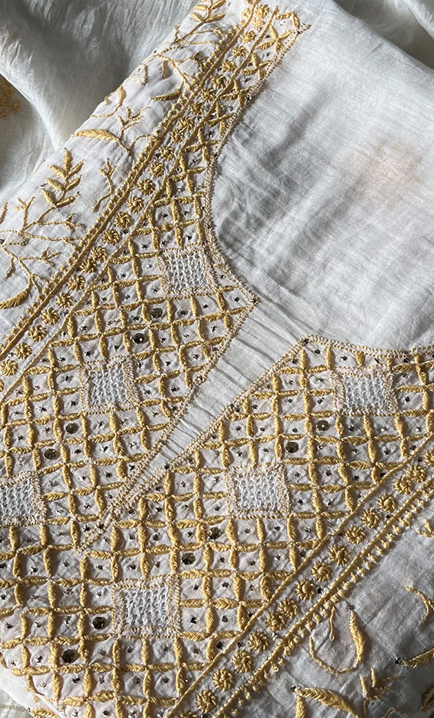 Women's Lakhnavi Handcrafted Mul Chanderi Unstitched Kurta And Dupatta Set - HONC0278943