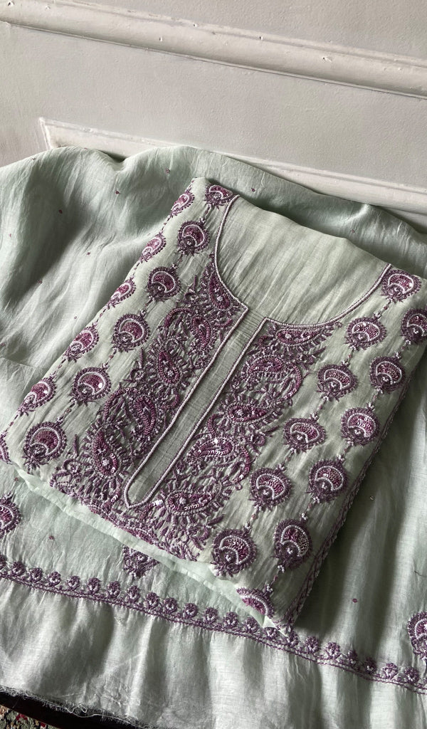 Women's Lakhnavi Handcrafted Unstitched Mul Chanderi Kurta And Dupatta Set - HONC0324066
