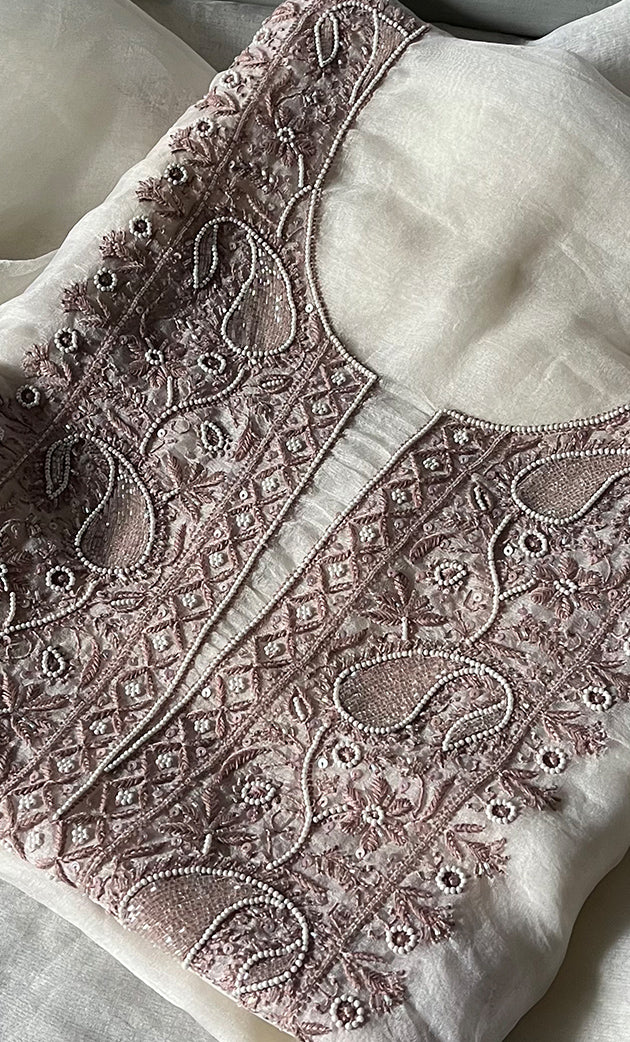 Women's Lakhnavi Handcrafted Pure Organza Chikankari Unstitched Kurta And Dupatta Set- HONC0305184