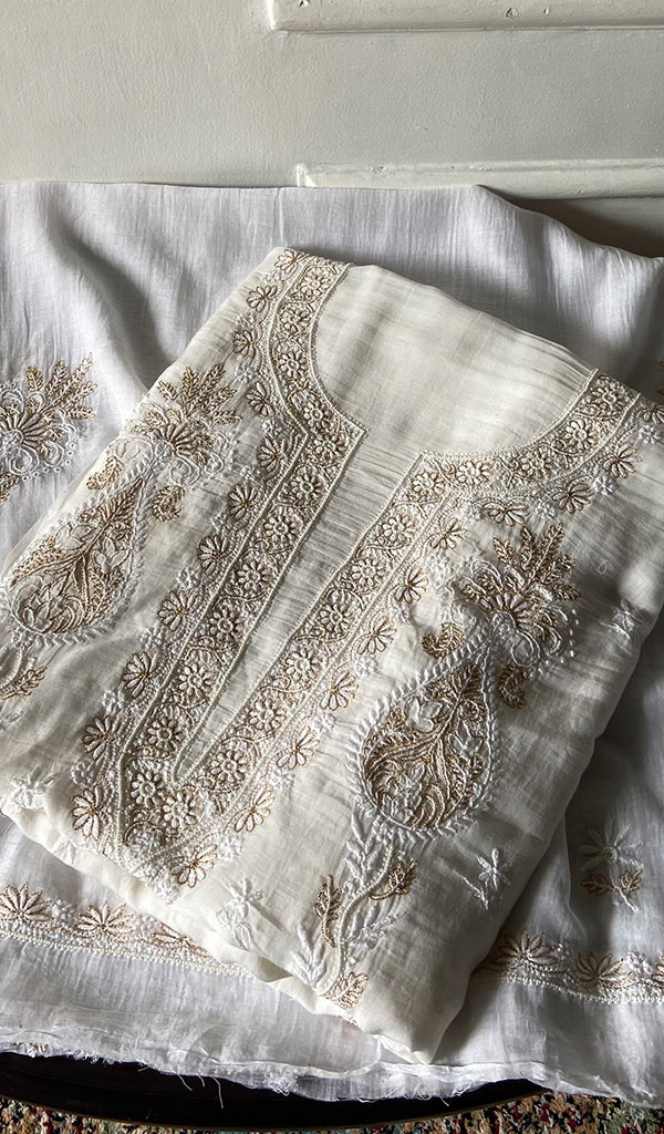 Aasma Women's Lakhnavi Handcrafted Mul Chanderi UnStitched Kurta And Dupatta Set - HONC0365660