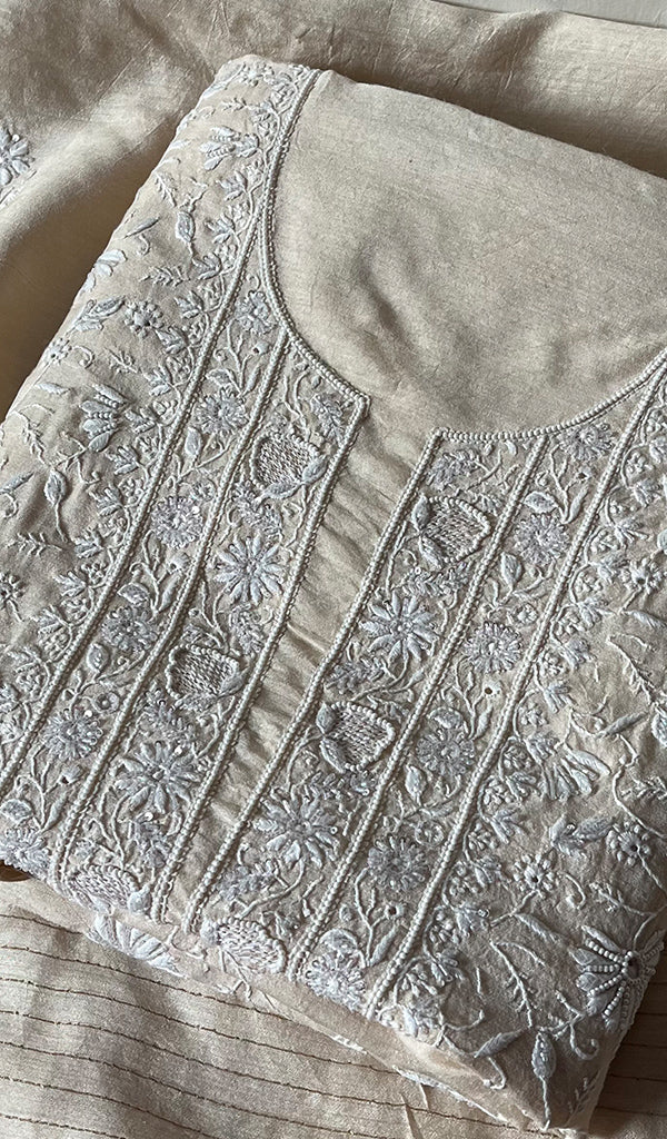Women's Lakhnavi Handcrafted Munga Silk Chikankari Kurta And Dupatta Set- HONC0255387