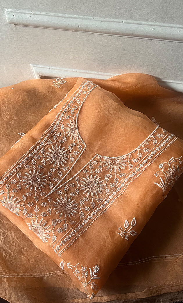 Women's Lakhnavi Handcrafted Pure Organza Chikankari Unstitched Kurta And Dupatta Set- HONC0307946