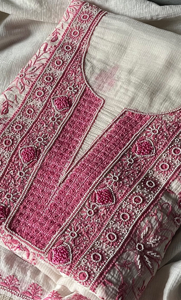 Women's Lakhnavi Handcrafted Maheshwari Mul Chanderi Unstitched Kurta And Dupatta Set- HONC0270650