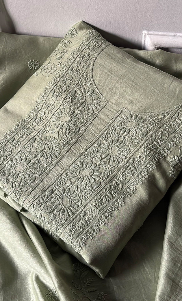 Women's Lucknowi Handcrafted Chanderi Silk Chikankari Full Suit Material - HONC0322746