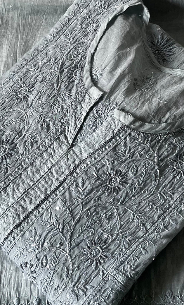 Women's Lakhnavi Handcrafted Mul Chanderi Semi - stitched Chikankari Full Suit Material - HONC0319558