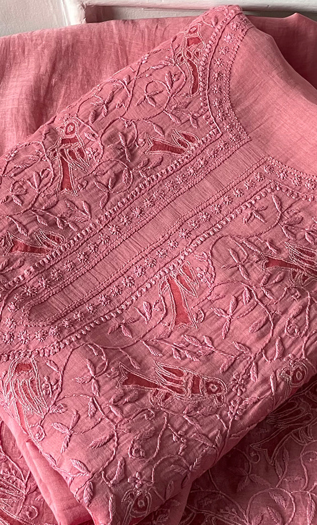 Women's Lakhnavi Handcrafted Unstitched Mul Chanderi Kurta And Dupatta Set - HONC0312996