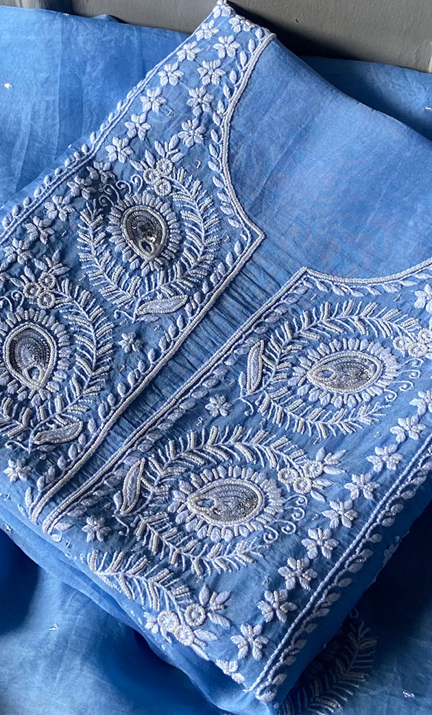 Women's Lakhnavi Handcrafted Pure Organza Chikankari Unstitched Kurta And Dupatta Set- HONC0309609