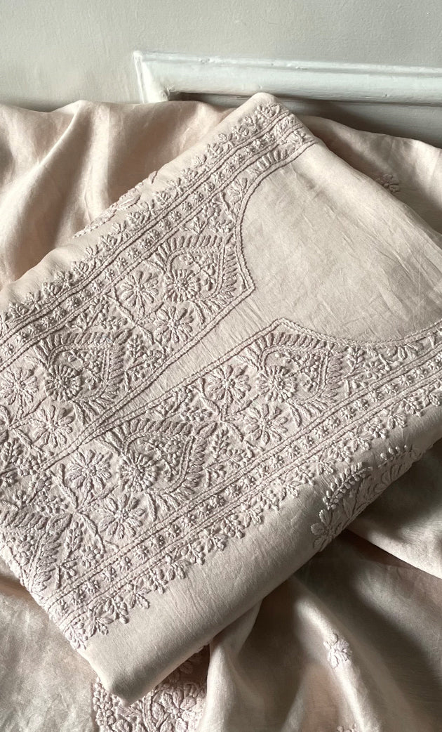 Women's Lucknowi Handcrafted Chanderi Silk Chikankari Full Suit Material - HONC0322709